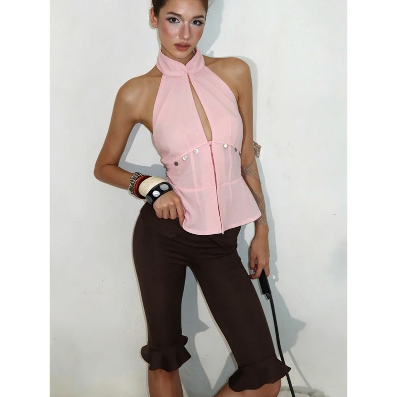 European and american women's clothing  summer new fashion y2k hot girl stand collar cardigan backless sleeveless tank top