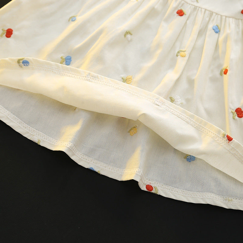 Girls' lace-neck tank dress - summer baby embroidered floral dress - girls' round neck princess dress - summer outfit - little fly