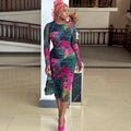 European and american style cross-border personalized fashion women's elegant printed bodycon mini dress with round neck and long sleeves