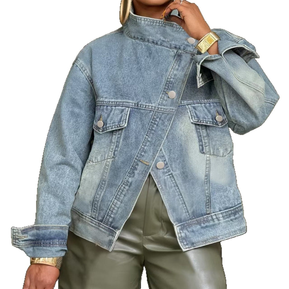 cross-border independent station  street motorcycle washed stand collar denim short jacket loose denim outwear