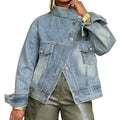 cross-border independent station  street motorcycle washed stand collar denim short jacket loose denim outwear