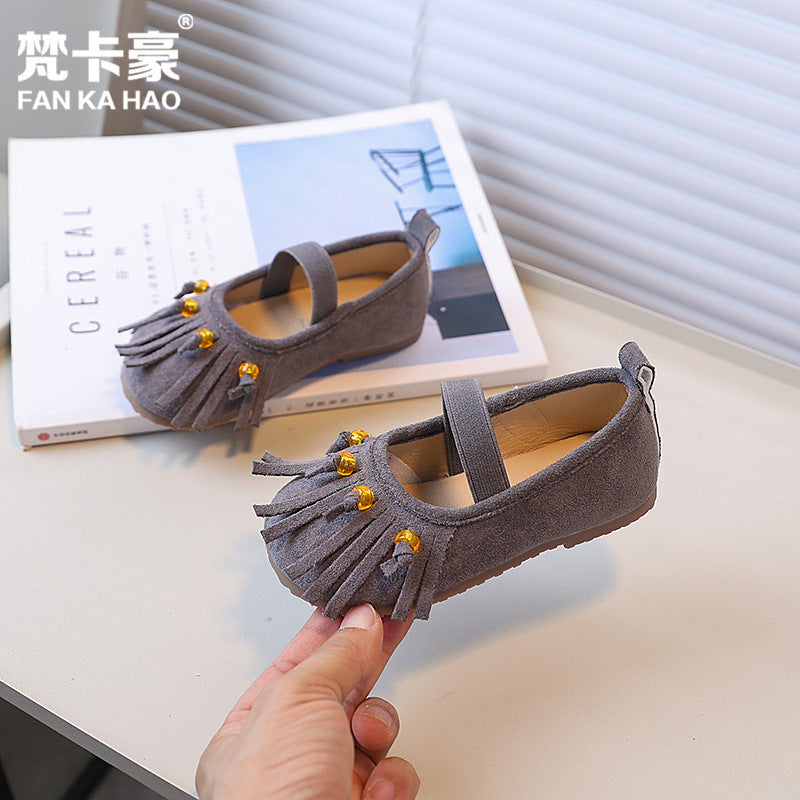 Vancahao girls' slip-on soft sole flats -  autumn new korean style kids' loafers with tassel leather shoes