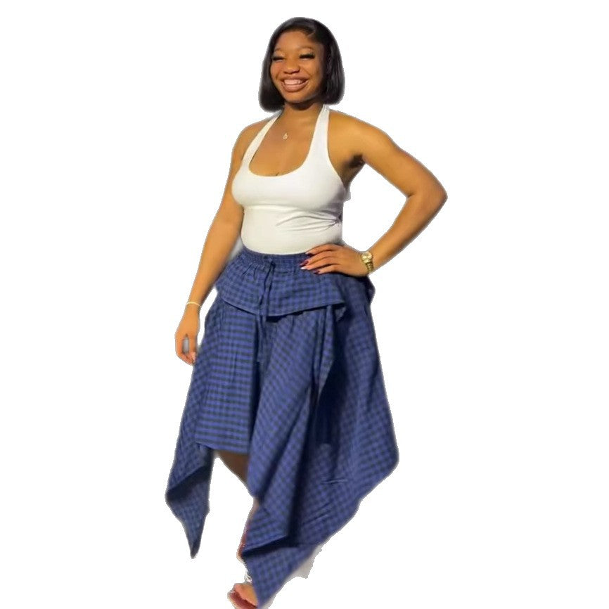 European and american cross-border women's fashion:  summer new arrival - high-waisted, slimming, tie-up, plaid, petite-friendly, asymmetrical midi skirt