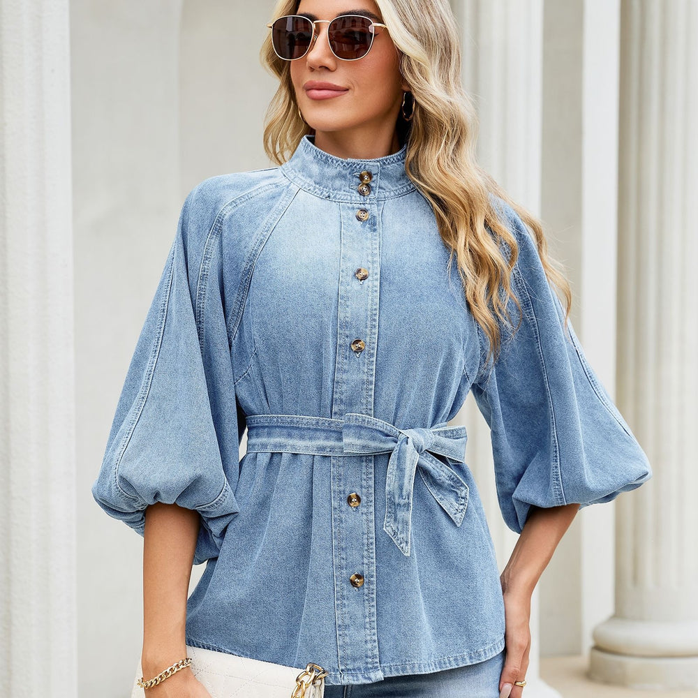 Fashion cross-border foreign trade  new stand-up collar lantern three-quarter sleeves with built-in belt waist style single-breasted top