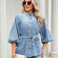 Fashion cross-border foreign trade  new stand-up collar lantern three-quarter sleeves with built-in belt waist style single-breasted top