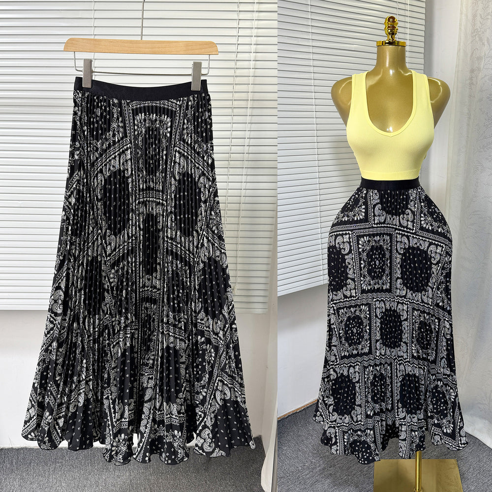 Exportsweeteasiest for matchpleated skirt large swing printing skirt women's frenchhigh waista-line medium long pleated skirt