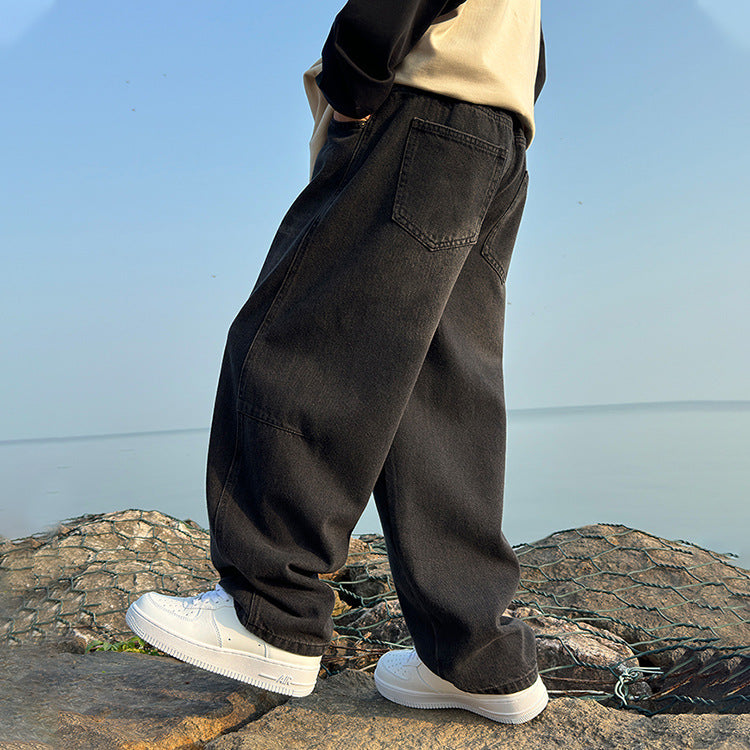 Boys' straight-leg jeans, kids' denim pants, wide-leg trousers, fleece-lined, new  styles, mid-to-large size children's pants, spring/autumn loose fit