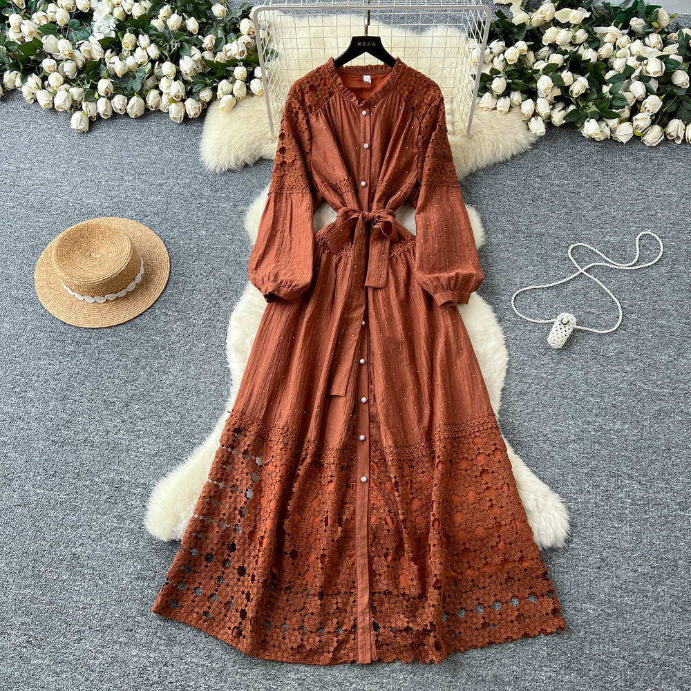 French retroelegancedress women's new arrivalclassy lacepatchwork strap waist elegant long skirt