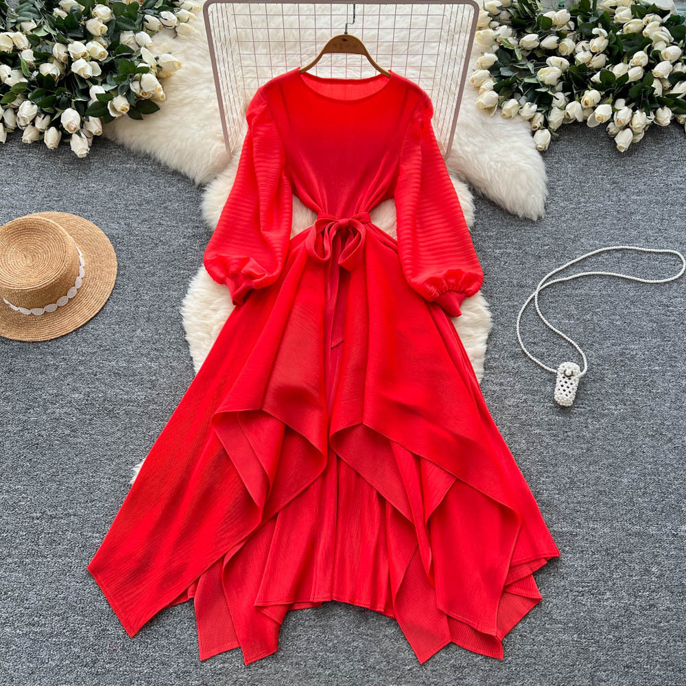 Miya pleated european and american dress women's  new arrivalsense of design asymmetrical strap waist pleated draped long skirt