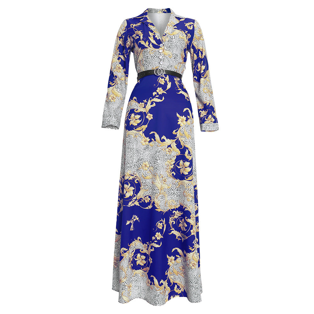 Fashion cross-border supply  plus size women's long skirt with belt african clothing printing chiffon dress