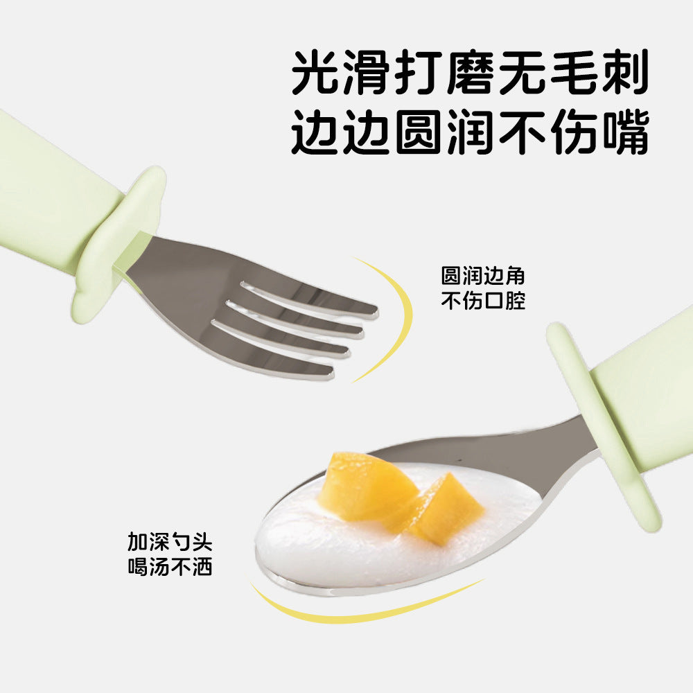 Baby silicone short-handled stainless steel fork and spoon set - self-feeding utensils for infants - cross-border hot seller
