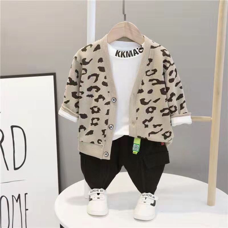 Boysknittingcardigan three-piece setautumnew arrivalchildrenk-style handsome baby suitfashionoutweartrendy