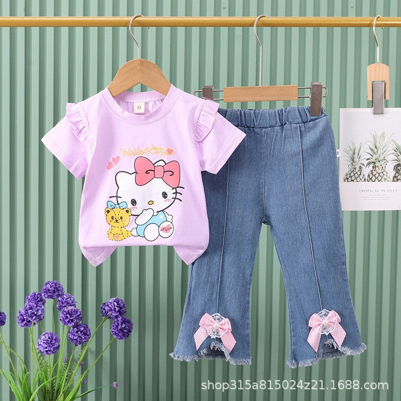Girls' outfit  new cartoon cute animal korean style denim shorts lace short sleeve two-piece set for young children and toddlers