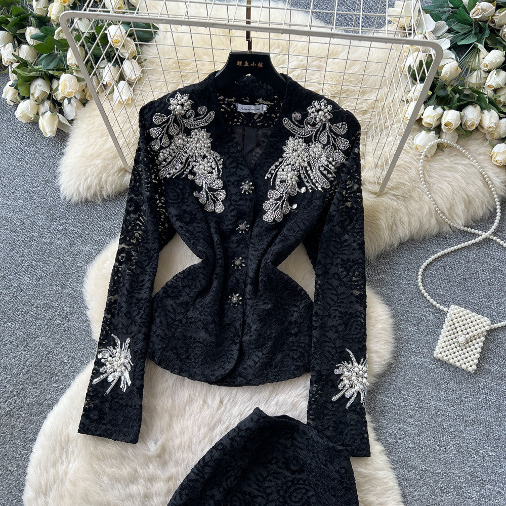 French chic embroidered beaded v-neck lace two-piece set - women's autumn slim-fit high-end beaded elegant outfit