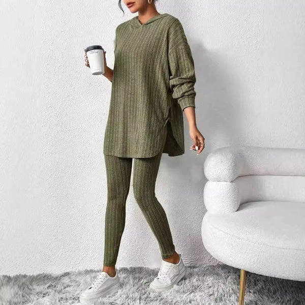 Spot autumn and winter Europe, America,   women's clothing pit strip loose hooded long-sleeved casual trousers threaded set