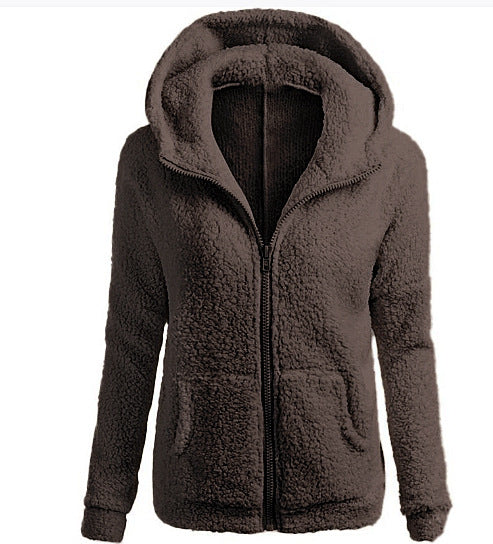 women's fashion solid color hoodie - loose fit plush zip-up jacket top