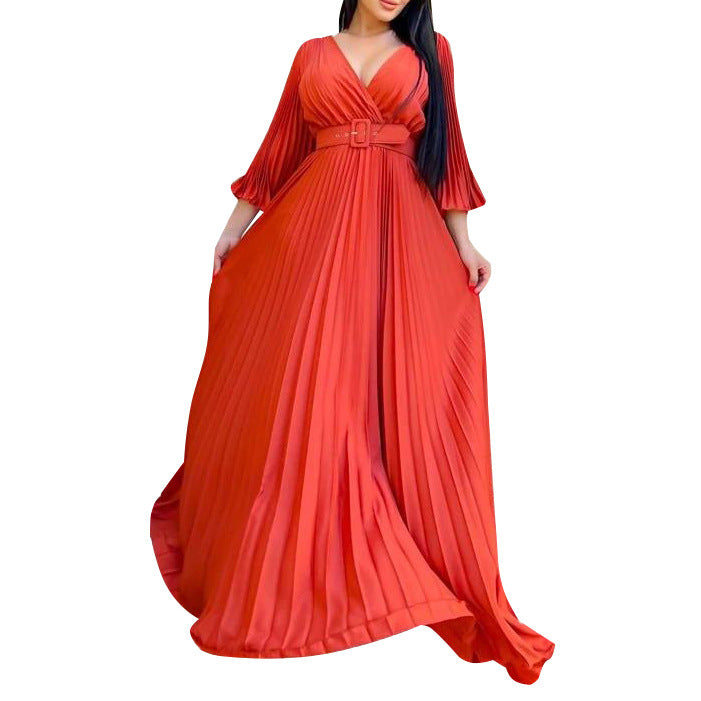 C8478 european and american women's clothing   new v-neck sexy pleated maxi dress cross-border dress