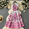 Vintage court style printed dress - women's french chic, slimming, elegant, sleeveless, flowy maxi gown