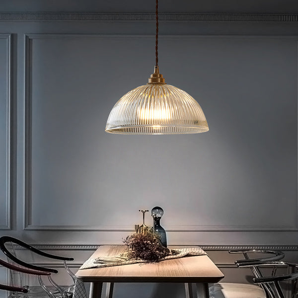 Zhongshan lamps, Nordic style restaurant bar balcony personalized minimalist single-head chandelier brass striped glass chandelier
