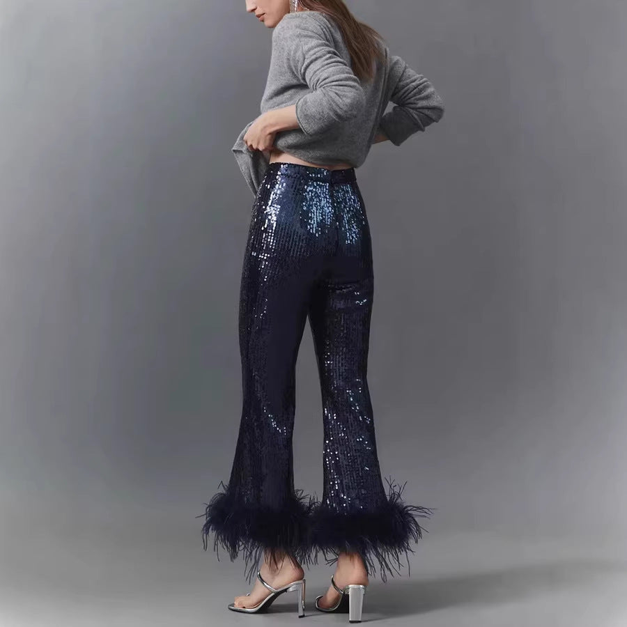 slimming independent station  european and american women's clothing sequinpants raw edge decoration fashion low waist nightclub pants