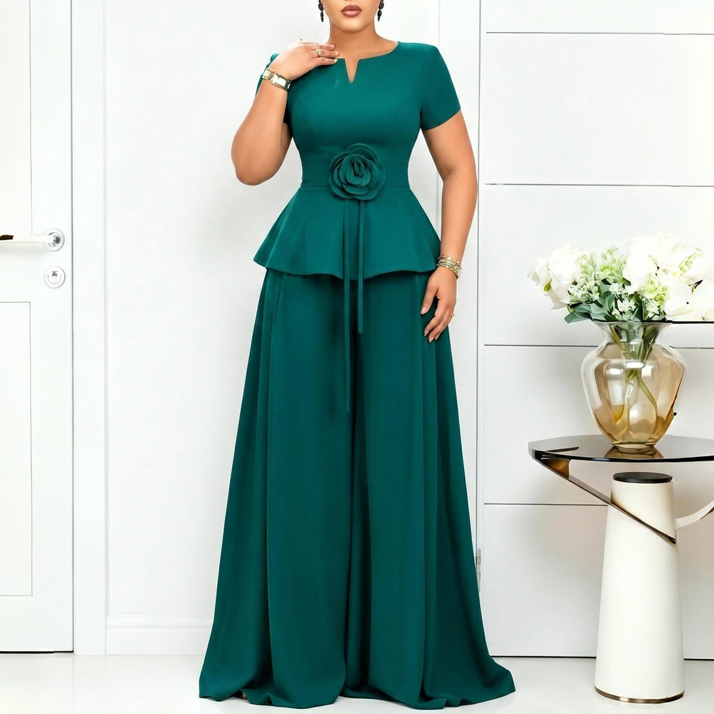 D3371 european and american cross-border summer elegant fashion plus size short sleeve ruffle top casual wide leg pants set