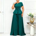 D3371 european and american cross-border summer elegant fashion plus size short sleeve ruffle top casual wide leg pants set