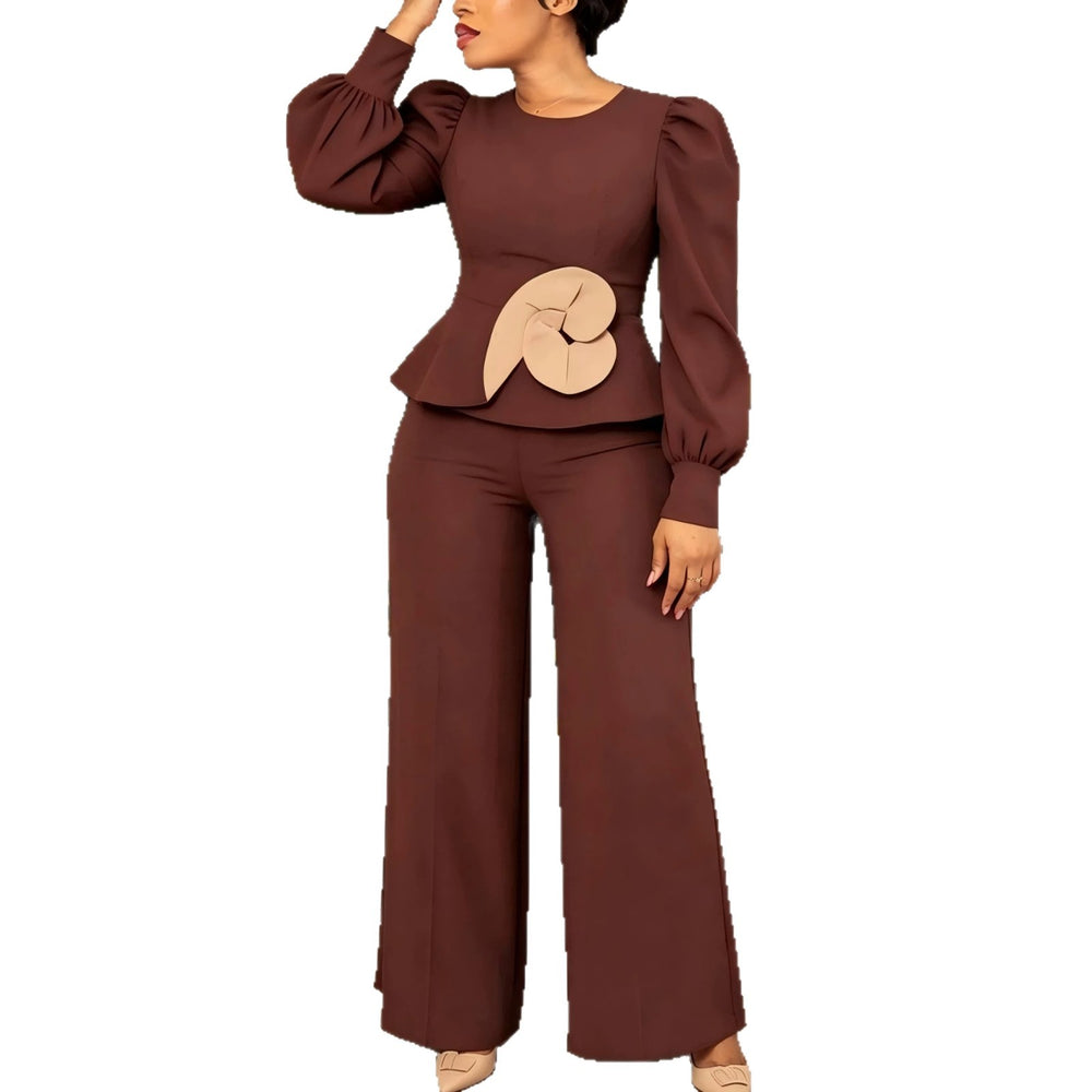 Autumnew arrival brown lantern sleeve jumpsuit lotus leaf hem stereo flower straight-leg jumpsuit jumpsuits