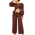 Autumnew arrival brown lantern sleeve jumpsuit lotus leaf hem stereo flower straight-leg jumpsuit jumpsuits