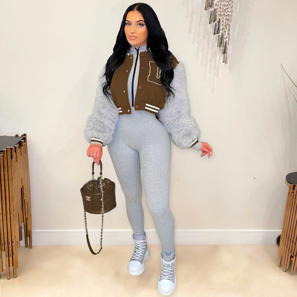 Source factory cross-border e-commerce hot-selling european and american women's fashion casual wool sleeve short baseball jacket outwear