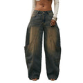 Fashionjeans women's retro distressed patchwork scimitar loose pants high street large flap pocket pants washed looseworkwearpants