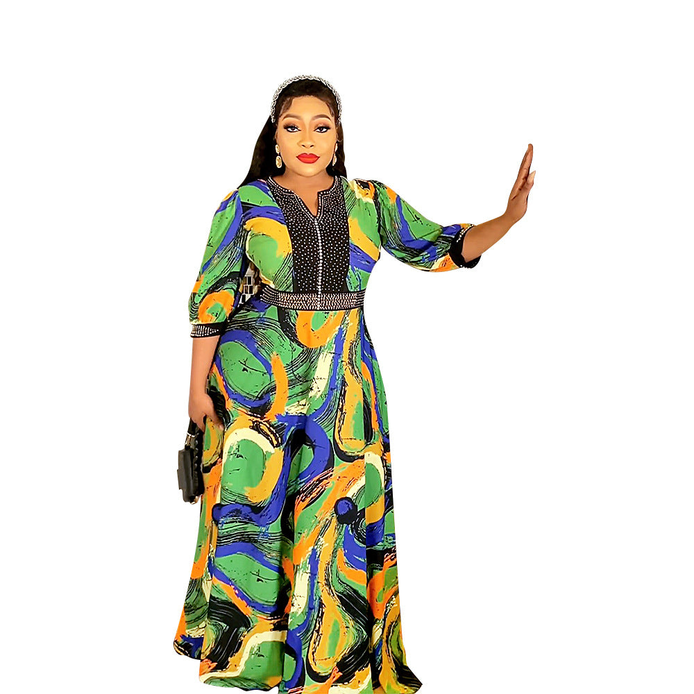 e-commerce   new print dress african plus size women's hotfix rhinestone beaded maxi dress