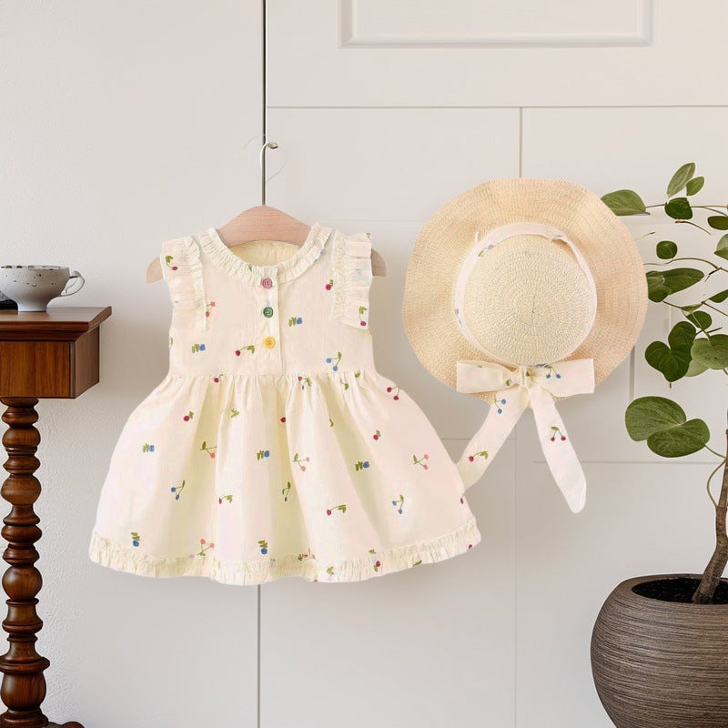 Girls' summer dress  new style children's skirt cherry little girl chic princess dress kids' clothing with hat