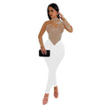 C6912 cross-border   fashion women's solid color mesh rhinestone long sleeve pants jumpsuit
