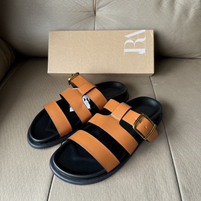 Spanish 2025 summer new arrival: one-strap, open-back women's sandals - crimson red, flat, round-toe, lace-up leather sandals