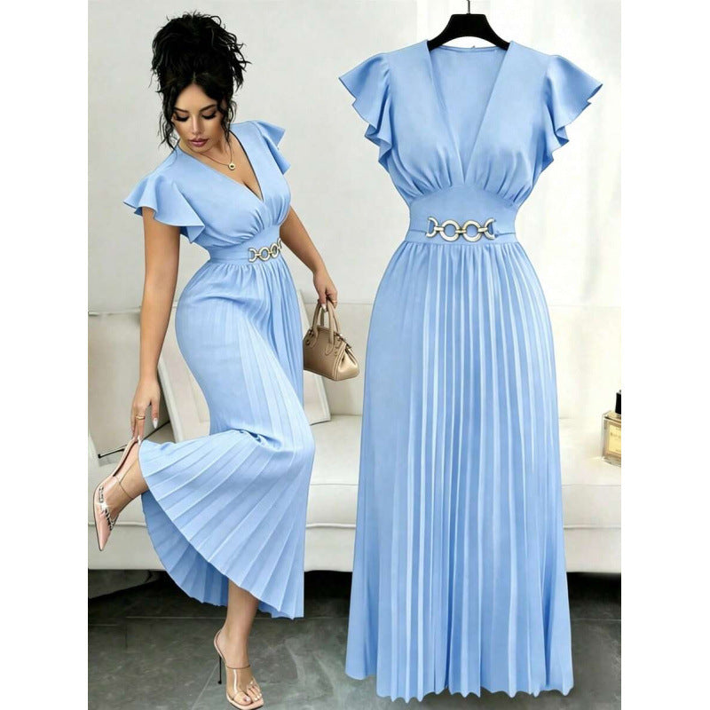Amazon fashion  summer deep v neck ruffles sleeve pleated design waist elegantdress women