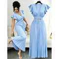 Amazon fashion  summer deep v neck ruffles sleeve pleated design waist elegantdress women