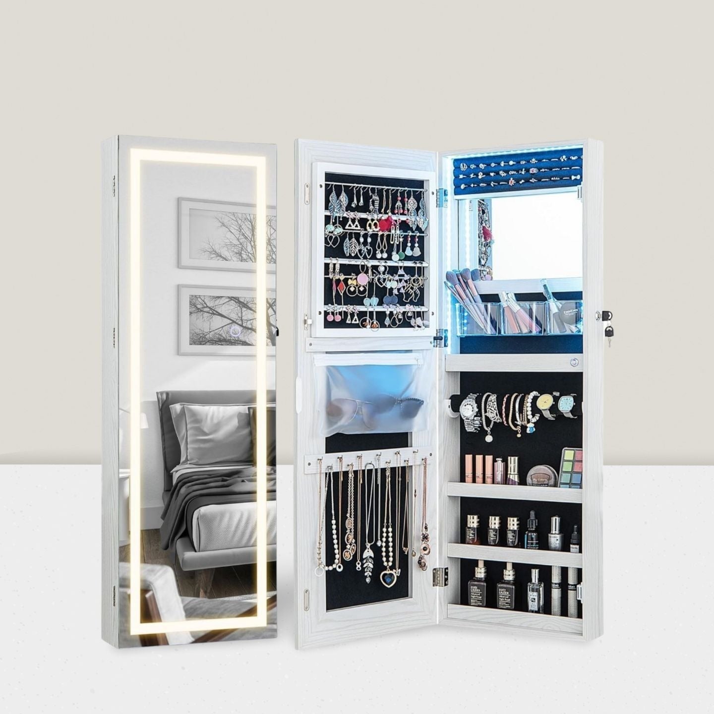 Solid wood full-body mirror cabinet full-length mirror multi-functional bedroom jewelry storage fitting mirror household wall-mounted door