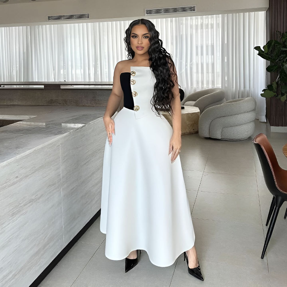 hot-selling fashion color-blocked chest-wrapped tops+high waist a-line skirt elegance light dress two-piece set women's clothing