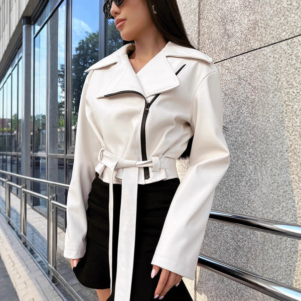 Vintage locomotive style PU leather jacket women's 2025 winter commuter beige waistband leather jacket short women's clothing