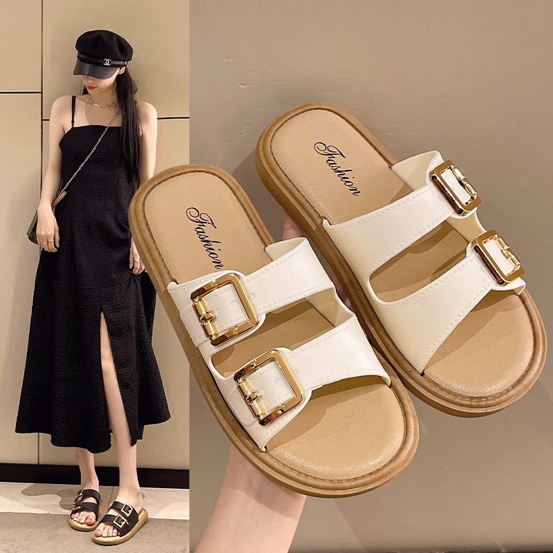 2024 new retro fairy style soft sole flat leather buckle slippers women's summer beach one-strap sandals