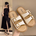 2024 new retro fairy style soft sole flat leather buckle slippers women's summer beach one-strap sandals
