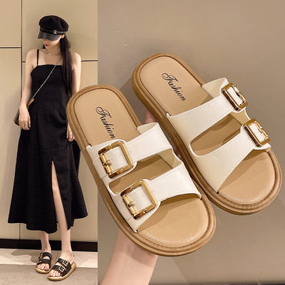 2024 new retro fairy style soft sole flat leather buckle slippers women's summer beach one-strap sandals