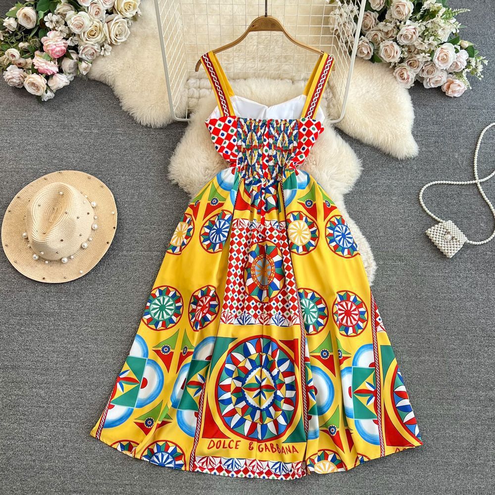 Retro palace baroquetube top suspender long skirt seaside vacation waist slimming look word fixed slotprintingdress