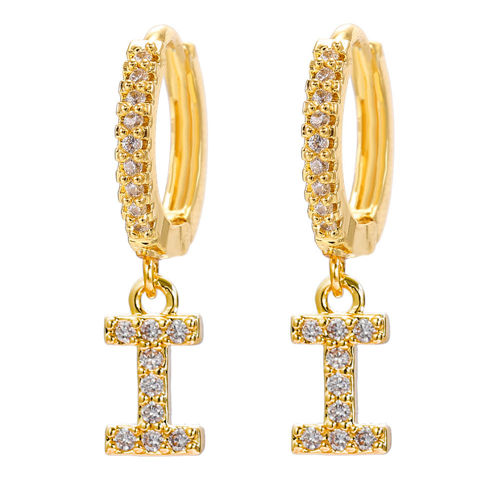 European and american gold-plated micro-paved zircon 26-letter initial pendant earrings - fashionable, unique, high-end, and chic hoop earrings with tassel detail