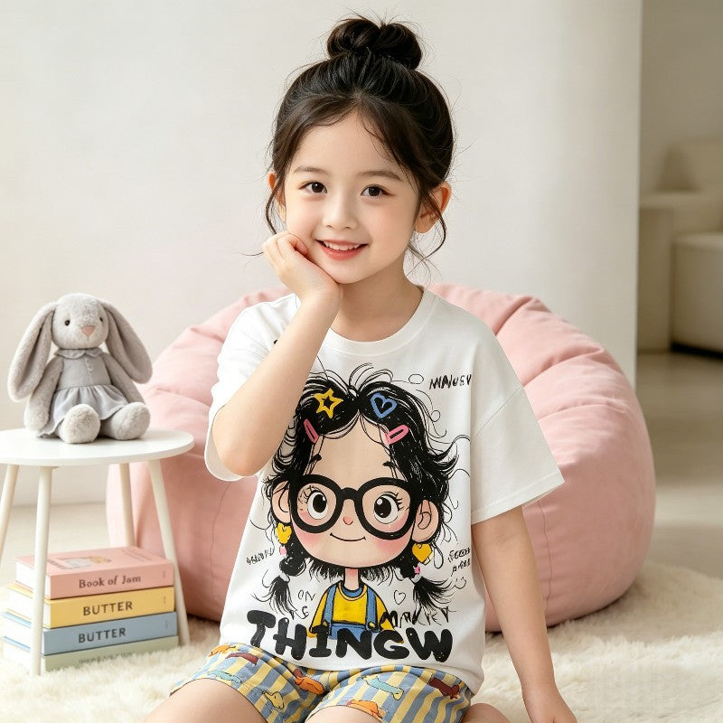 【matching family set】girls' korean style cartoon pajama set - summer edition, cute short-sleeve loungewear/ac suit for kids