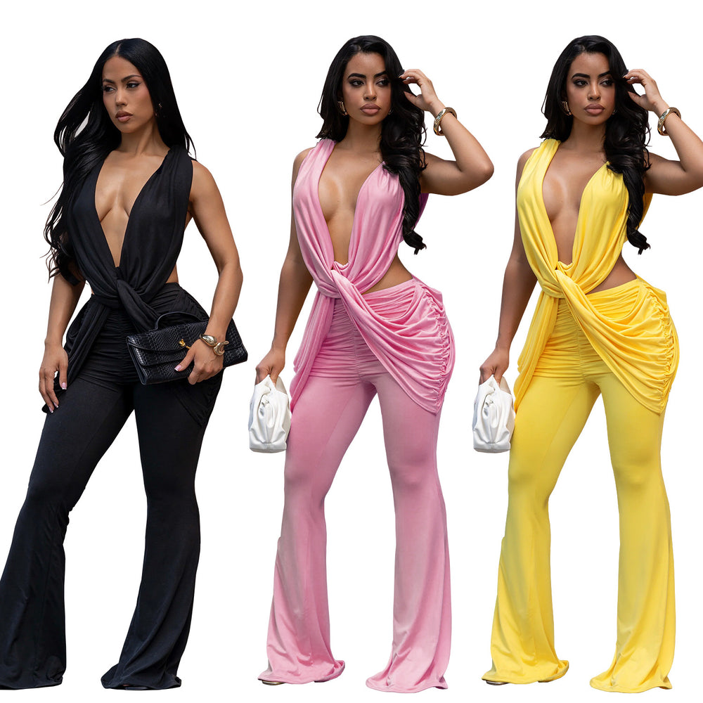 C7722 cross-border   fashion women's sexy backless solid color bodycon jumpsuit