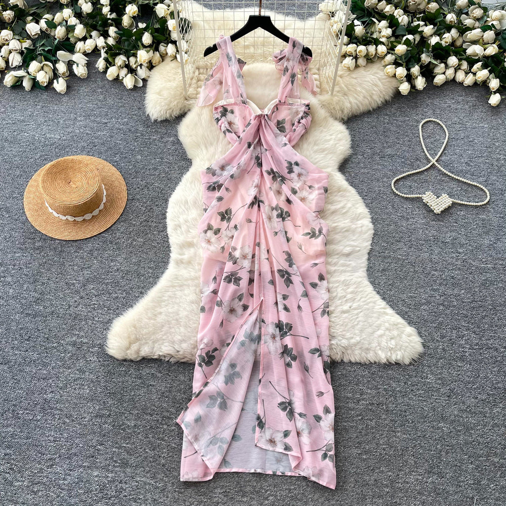 French riviera style pink floral print cami dress - women's summer bow detail, figure-flattering, slimming, elegant maxi dress