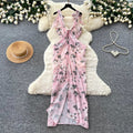 French riviera style pink floral print cami dress - women's summer bow detail, figure-flattering, slimming, elegant maxi dress