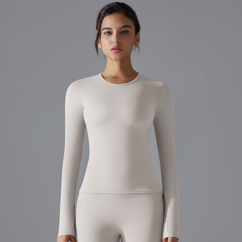 New double-sided brushed solid color long yoga top - long sleeve, high-stretch, breathable, sports running fitness casual t-shirt for women