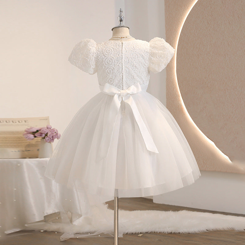 Girls' formal dress princess gown white flower girl wedding dress mid-length puff sleeve tutu dress cross-border foreign trade floral chic